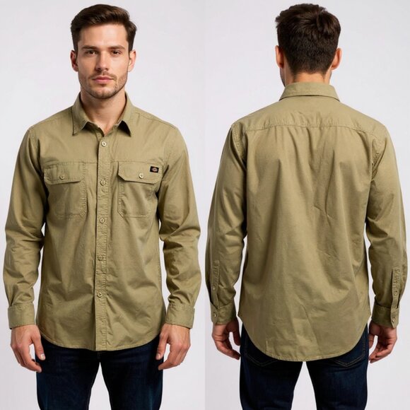 DICKIES 2XL Men’s Khaki Ripstop Utility Shirt Relaxed Fit Button Front Workwear - Picture 1 of 10